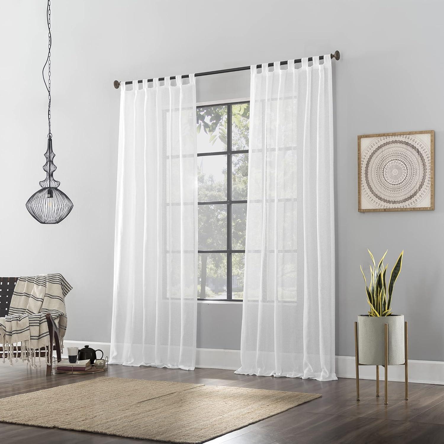 White Waffle Weave Cotton Blend Tab Top Curtain Panel