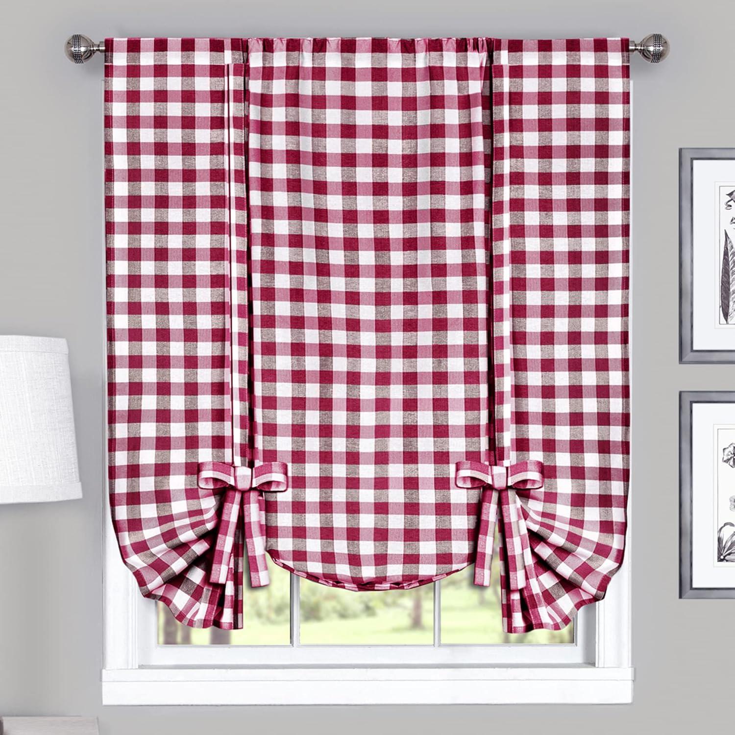 Buffalo Check Plaid Gingham Tie-Up Window Single Curtain, 42" x 63", Burgundy