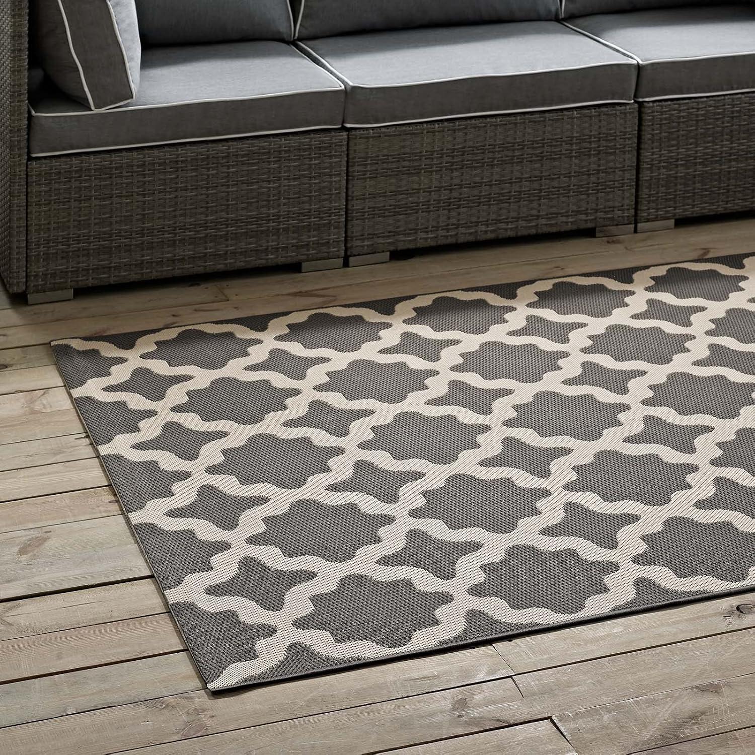 Modway Cerelia Moroccan Trellis 4x6 Indoor and Outdoor Area Rug in Gray and Beige