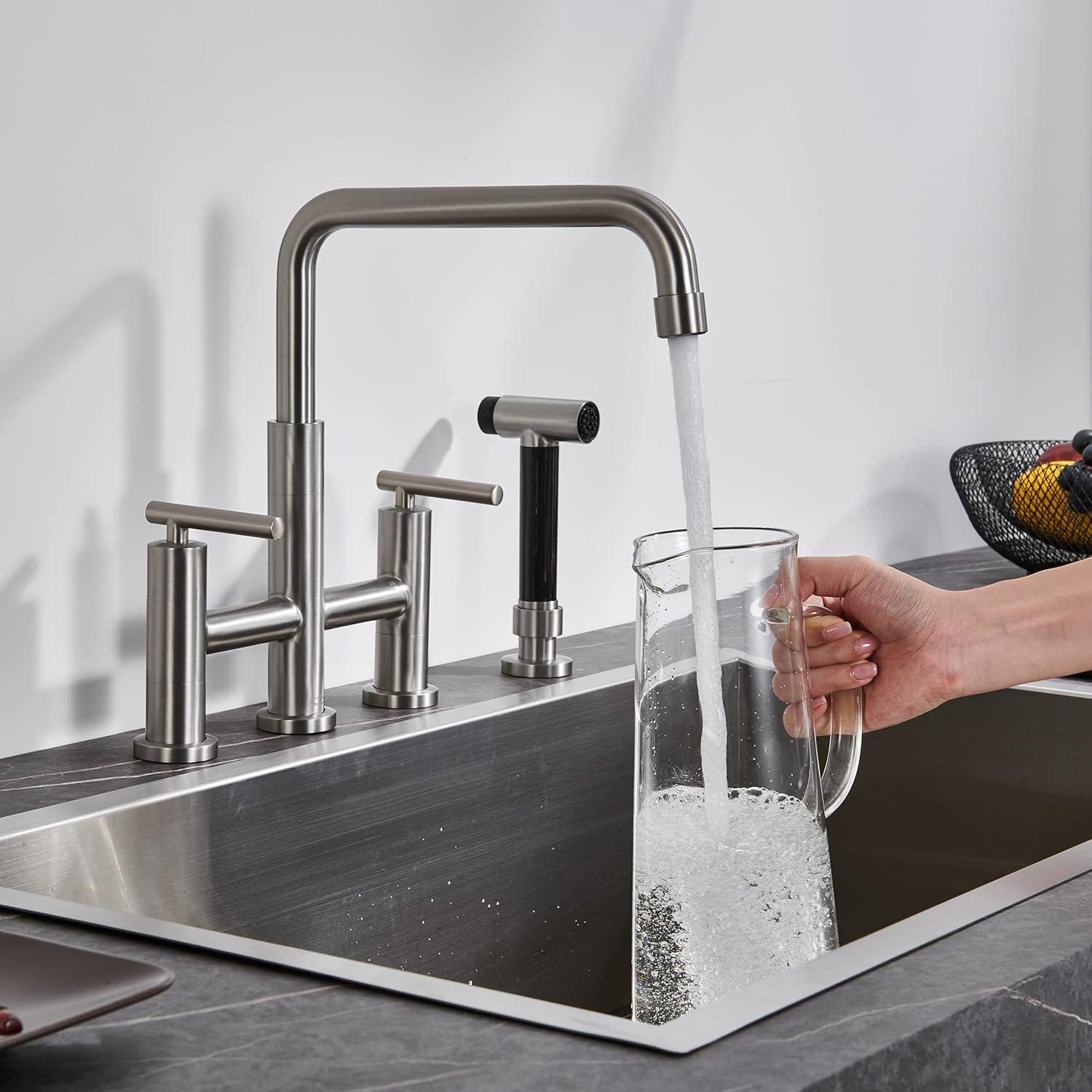 Double Handle Bridge Kitchen Faucet in Brushed Gold, with Put Out Side Sprayer