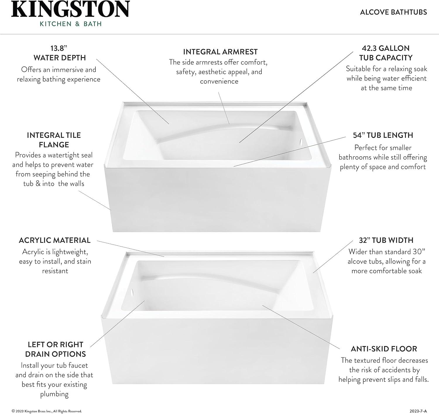 Kingston Brass Aqua Eden 54-Inch Acrylic Rectangular 3-Wall Alcove Tub, Hand Drain and Anti-Skid Surface