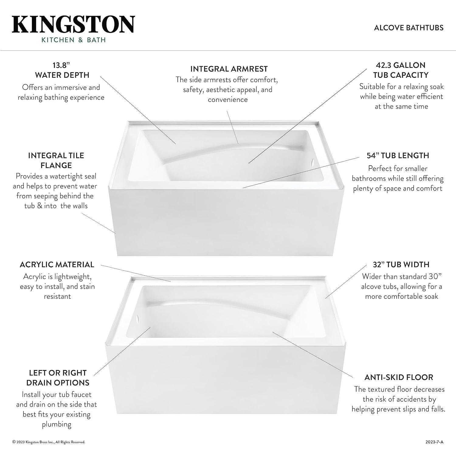 Kingston Brass Aqua Eden 54-Inch Acrylic Rectangular 3-Wall Alcove Tub, Hand Drain and Anti-Skid Surface