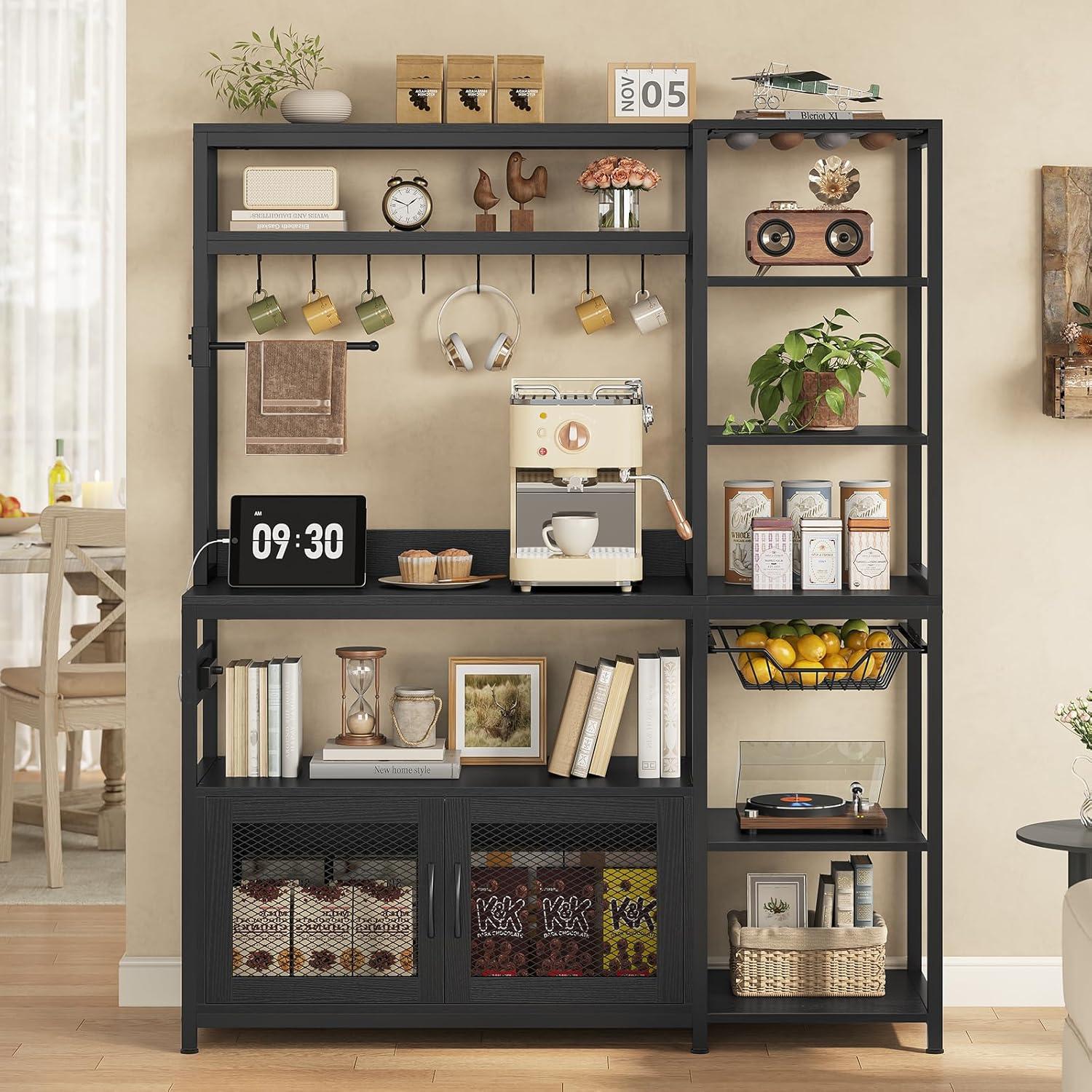 Kitchen Bakers Rack with Storage Shelves, Microwave Stand with Power Outlet and LED Light, Coffee Bar Cabinet Wire Basket Metal Grid Wine Rack Goblet Holder Hooks (Black, Small)