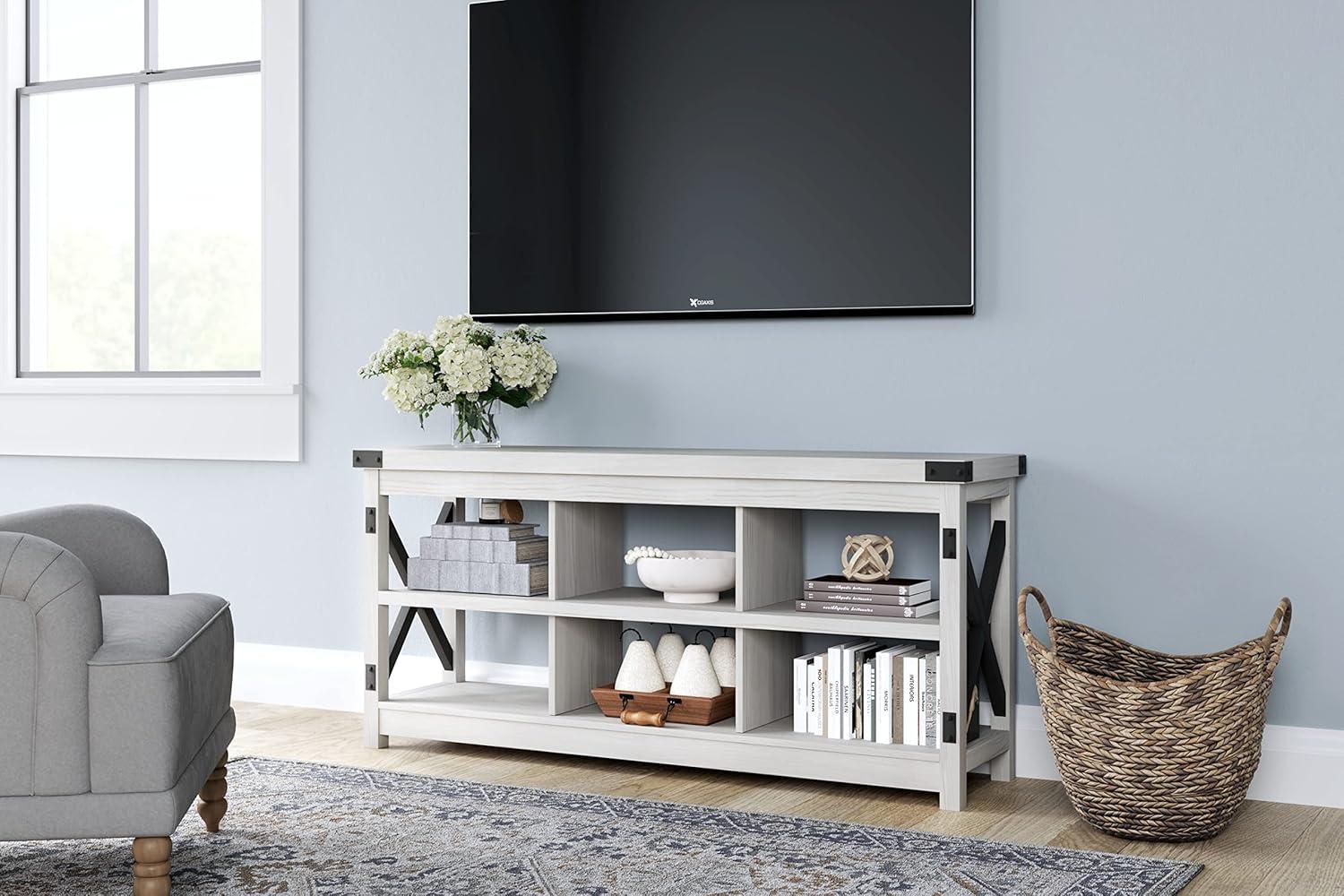 Black and White 58" Transitional TV Stand with Open Storage