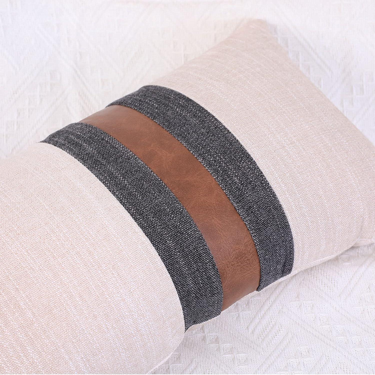 Beige and Brown Faux Leather Patchwork Pillow Covers, 12x20 Inch