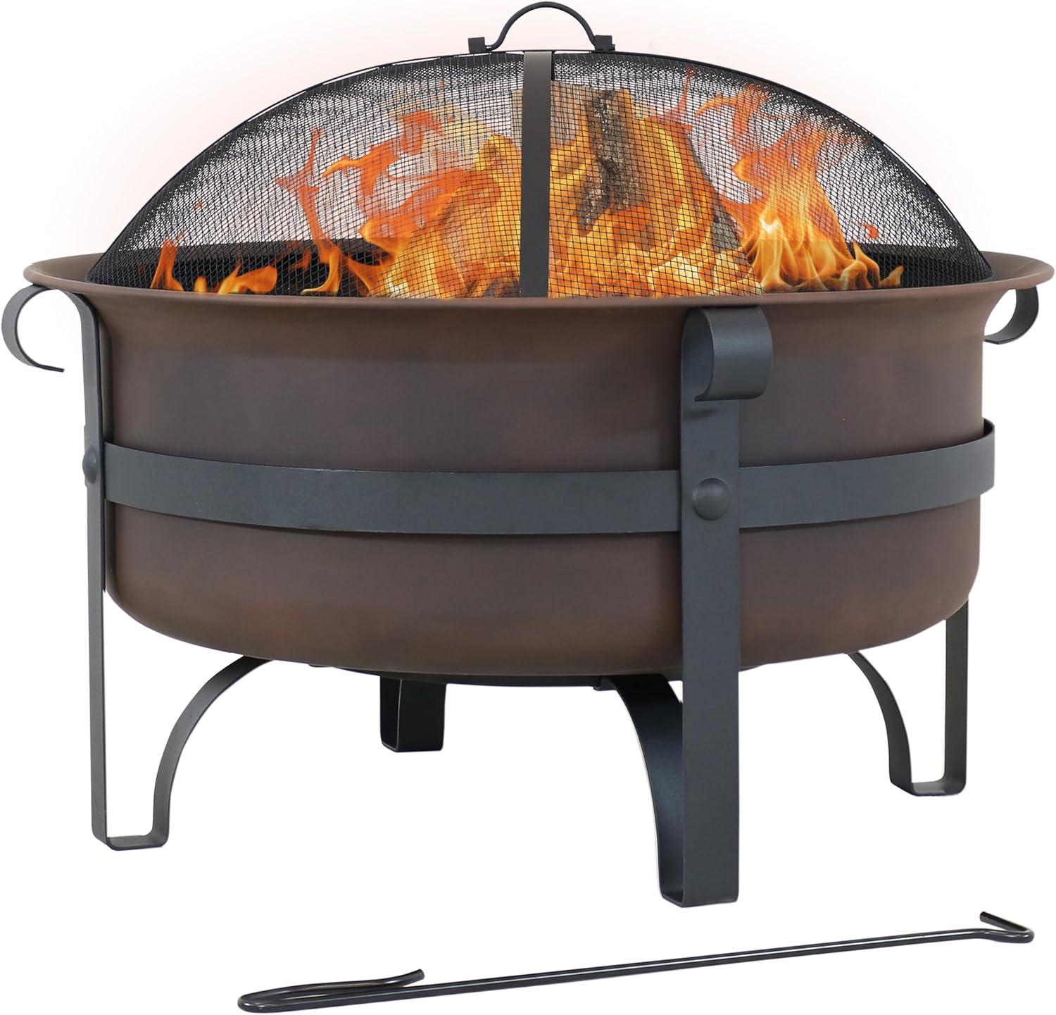 Sunnydaze Outdoor Camping or Backyard Large Round Cauldron Fire Pit Bowl with Log Poker and Spark Screen - 29"