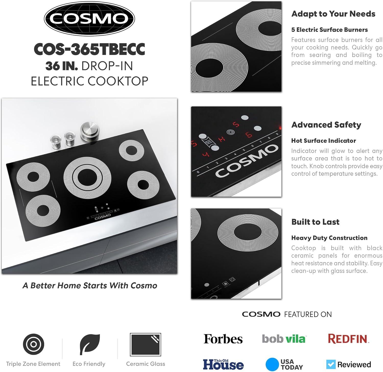 Cosmo 36 In. Electric Ceramic Glass Cooktop With 5 Burners, Triple Zone Element In Black