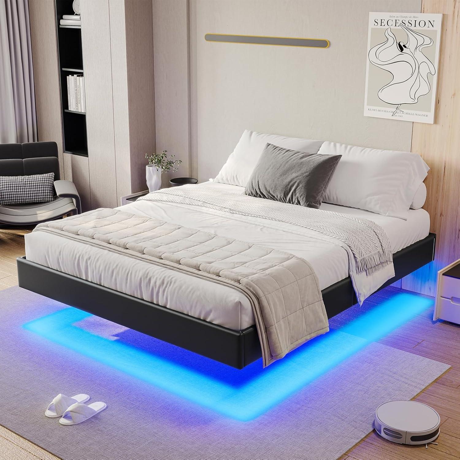 Floating Bed Frame With Led Lights Metal Platform Bed, No Squeak