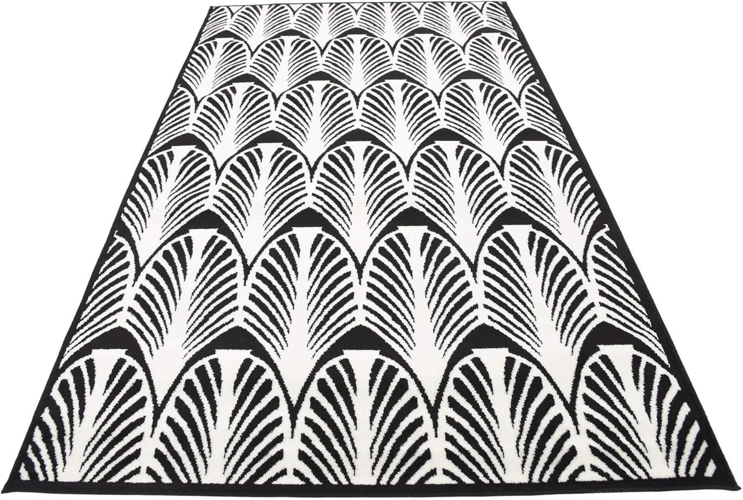 Black and Ivory Art Deco Floral Motif Area Rug, 5 x 8 ft