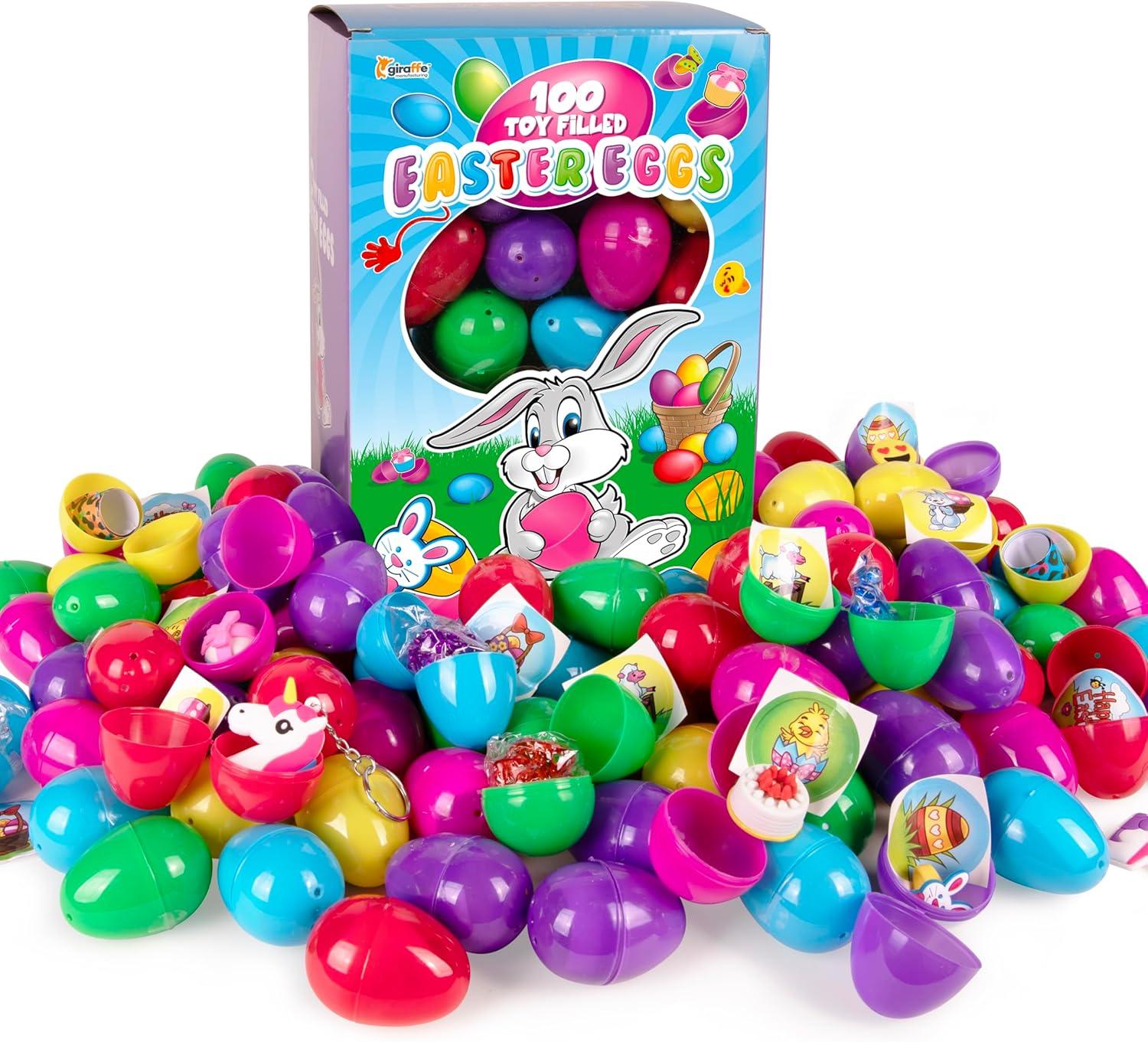Giraffe 100 Pack Premium Prefilled Easter Eggs - Toy Filled Bulk Plastic Eggs for Kids with Slap Bracelets, Stickers, Light Up Rings - Perfect for Easter Egg Hunts - Bulk Prefilled Easter Eggs Toys!