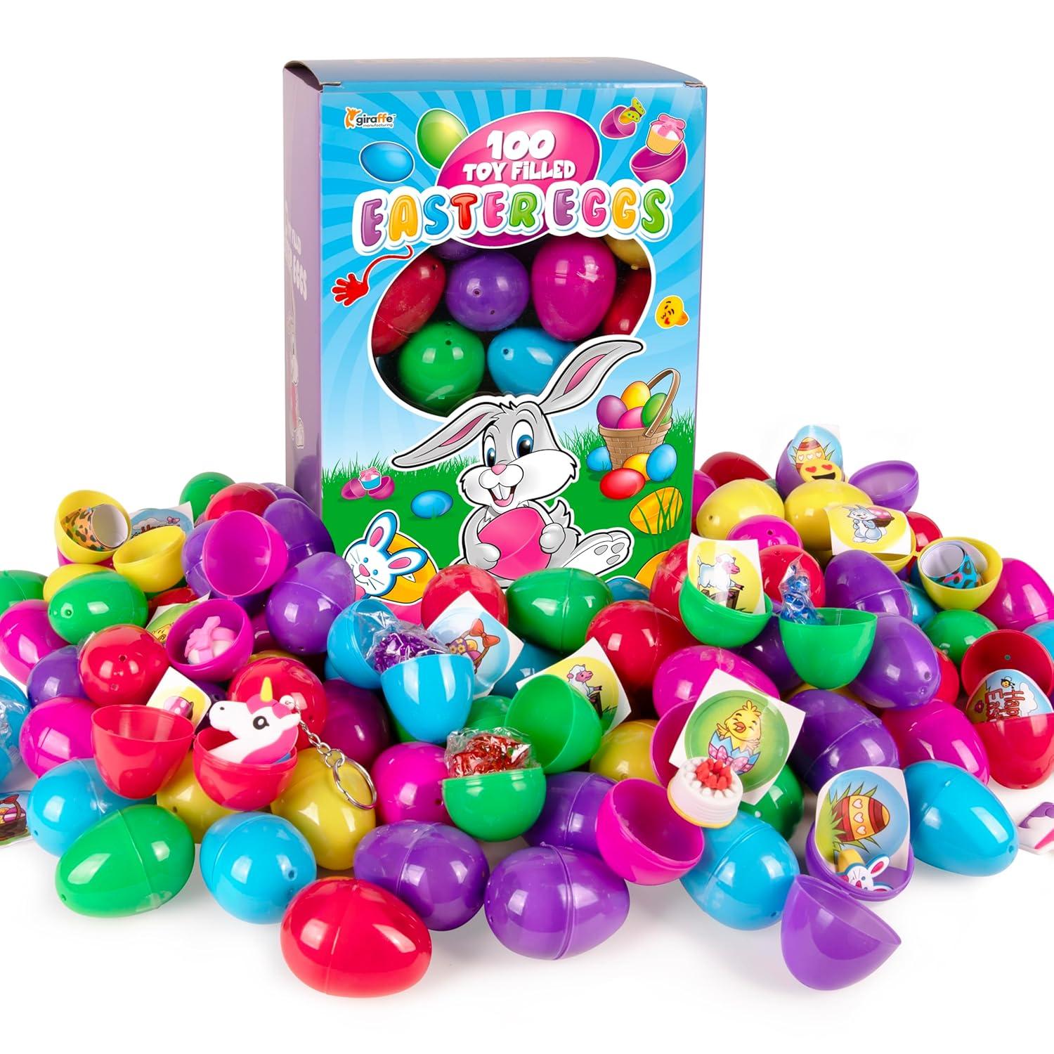 Giraffe 100 Pack Premium Prefilled Easter Eggs - Toy Filled Bulk Plastic Eggs for Kids with Slap Bracelets, Stickers, Light Up Rings - Perfect for Easter Egg Hunts - Bulk Prefilled Easter Eggs Toys!