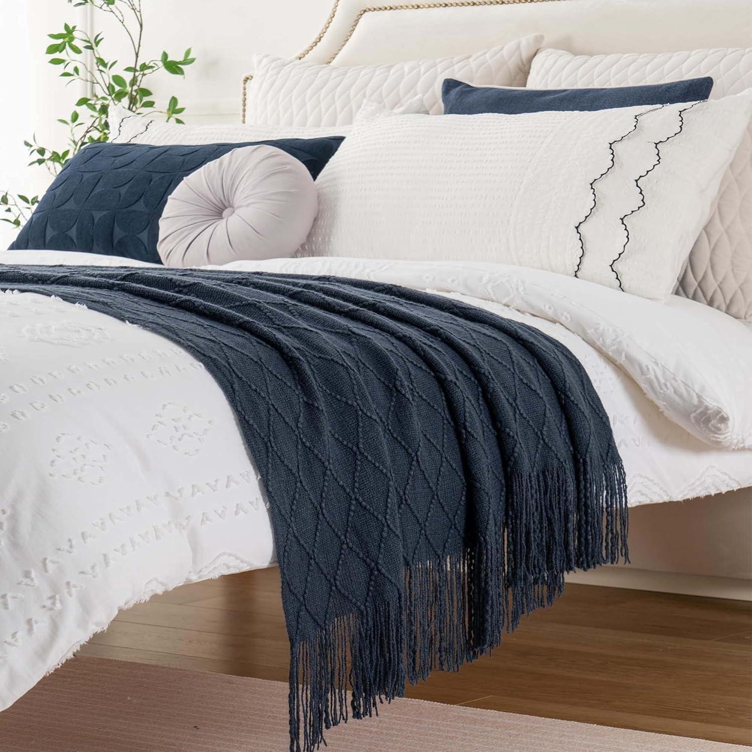 Battilo Navy Throw Blanket,Soft Lightweight Textured Decorative Blanket with Tassel, Housewarming Gifts,50"x60"