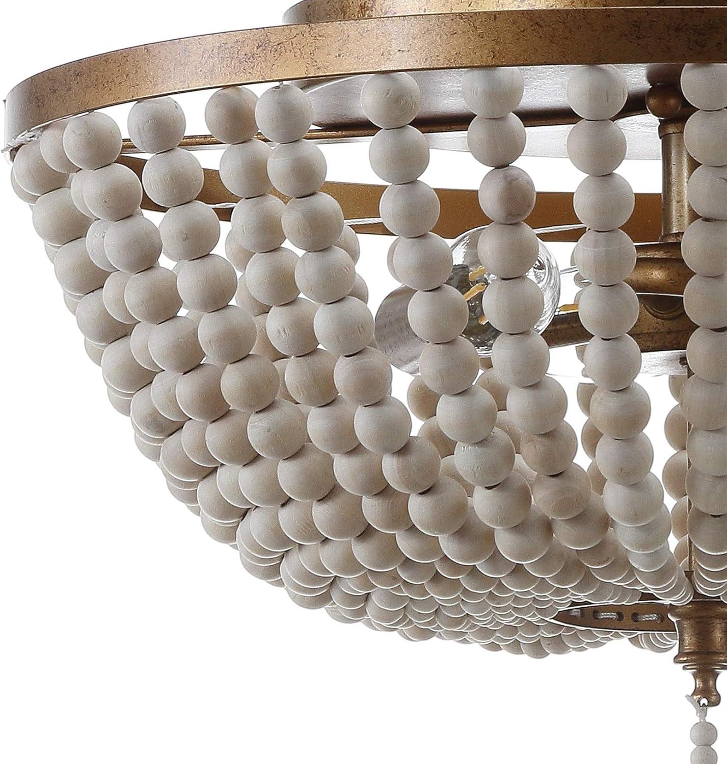 Allison 15" Wood Beaded/Metal LED Flush Mount, Antique Gold / Cream