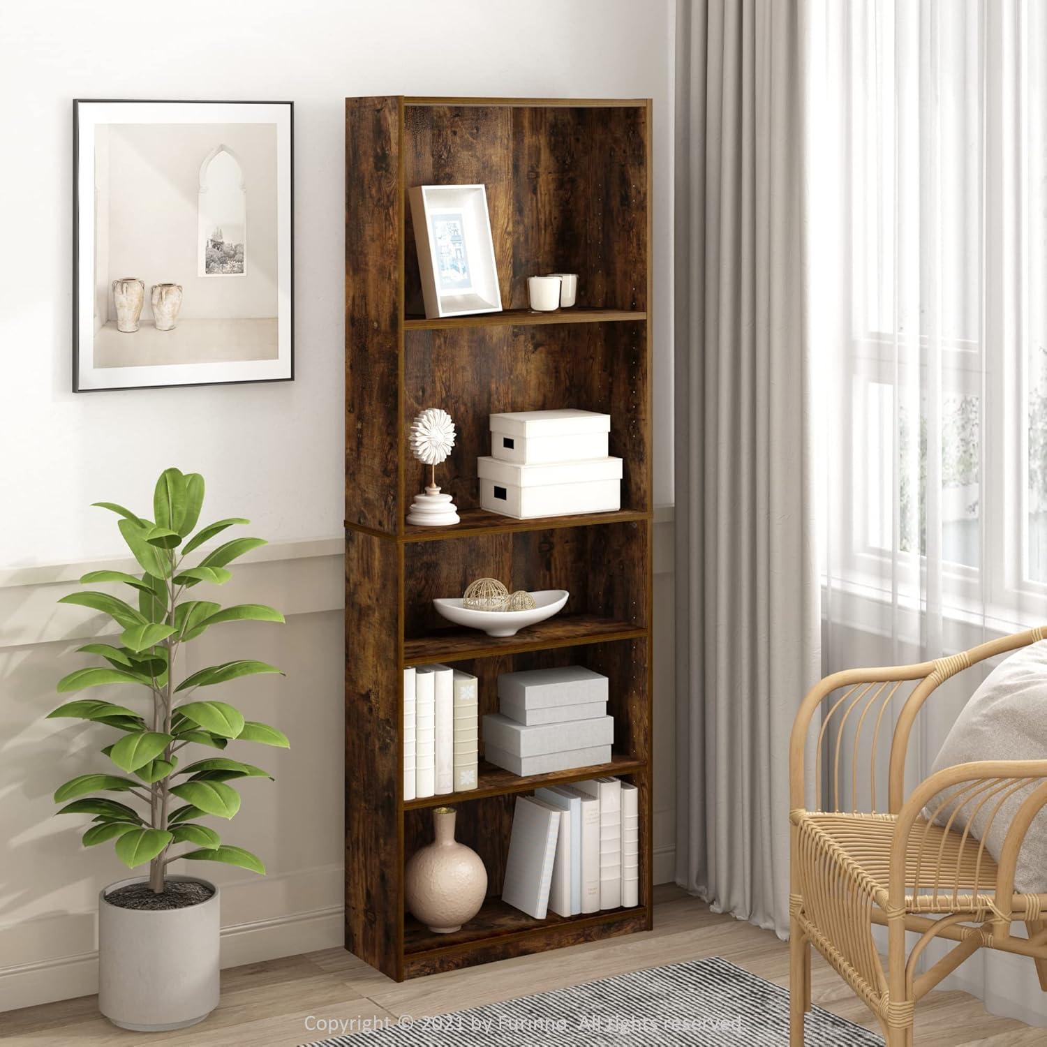 Furinno Simply Design 5-Tier Corner Bookshelf Open Multipurpose Bookcase Display Rack Cabinet with Adjustable Shelves,Amber Pine