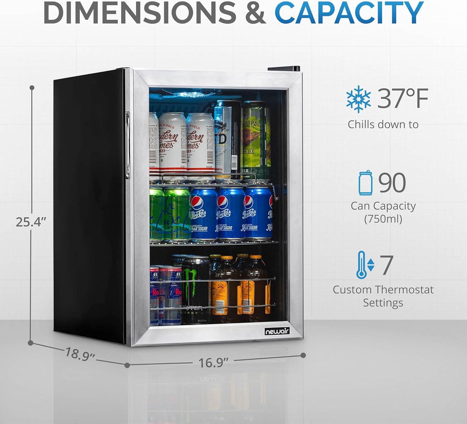 Newair 90 Can Freestanding Beverage Fridge in Stainless Steel, Compact with Adjustable Shelves