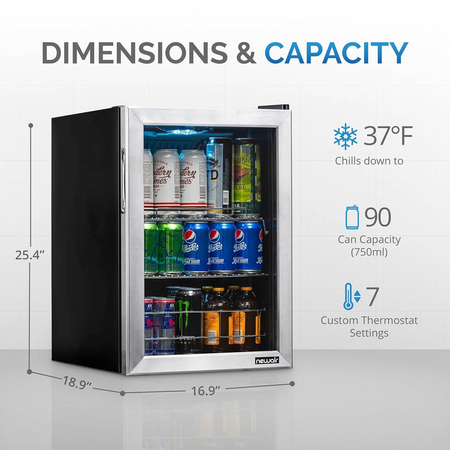 Newair 90 Can Freestanding Beverage Fridge in Stainless Steel, Compact with Adjustable Shelves