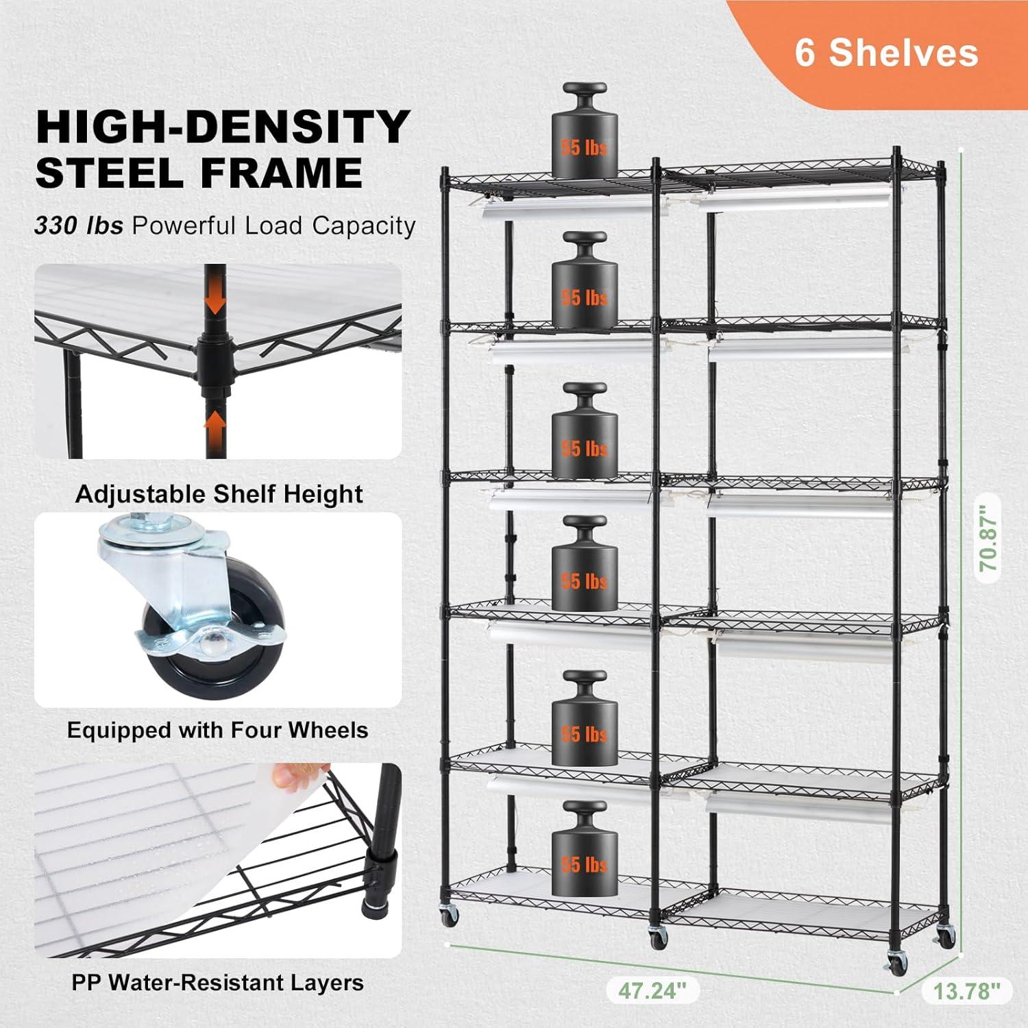 VEVOR Black Steel 6-Tier Plant Stand with Grow Light and Timer