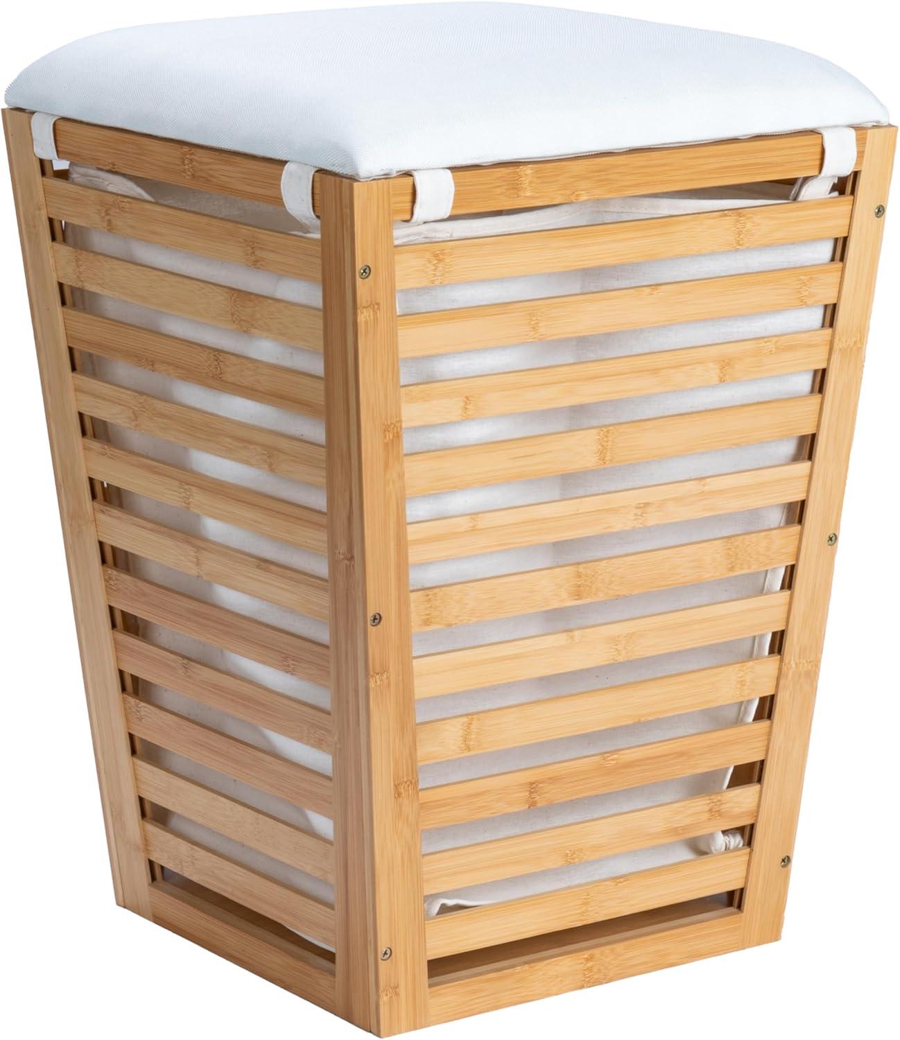 Household Essentials Slatted Natural Bamboo Hamper with Cushioned Lid and Removable Cotton Bag, Natural