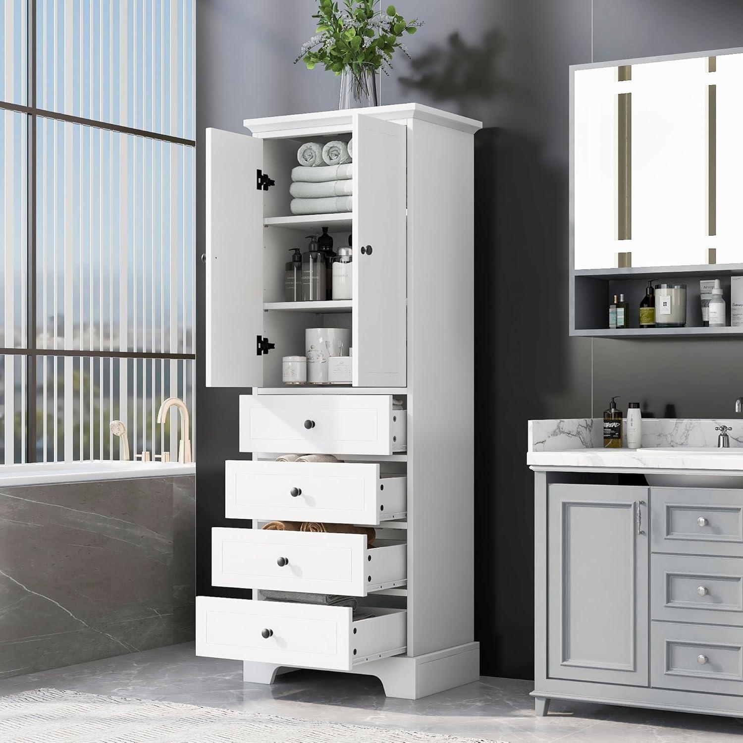 White Tall Freestanding Storage Cabinet with Adjustable Shelves