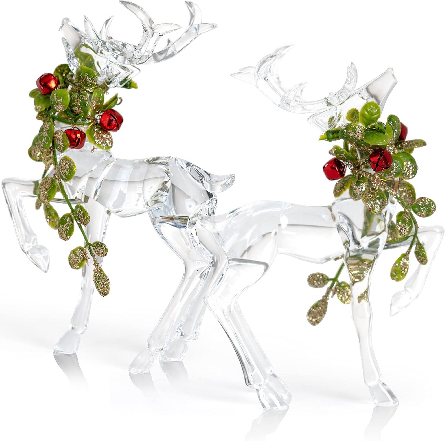 Clear Acrylic Winter Deer Figurines with Mistletoe Accents