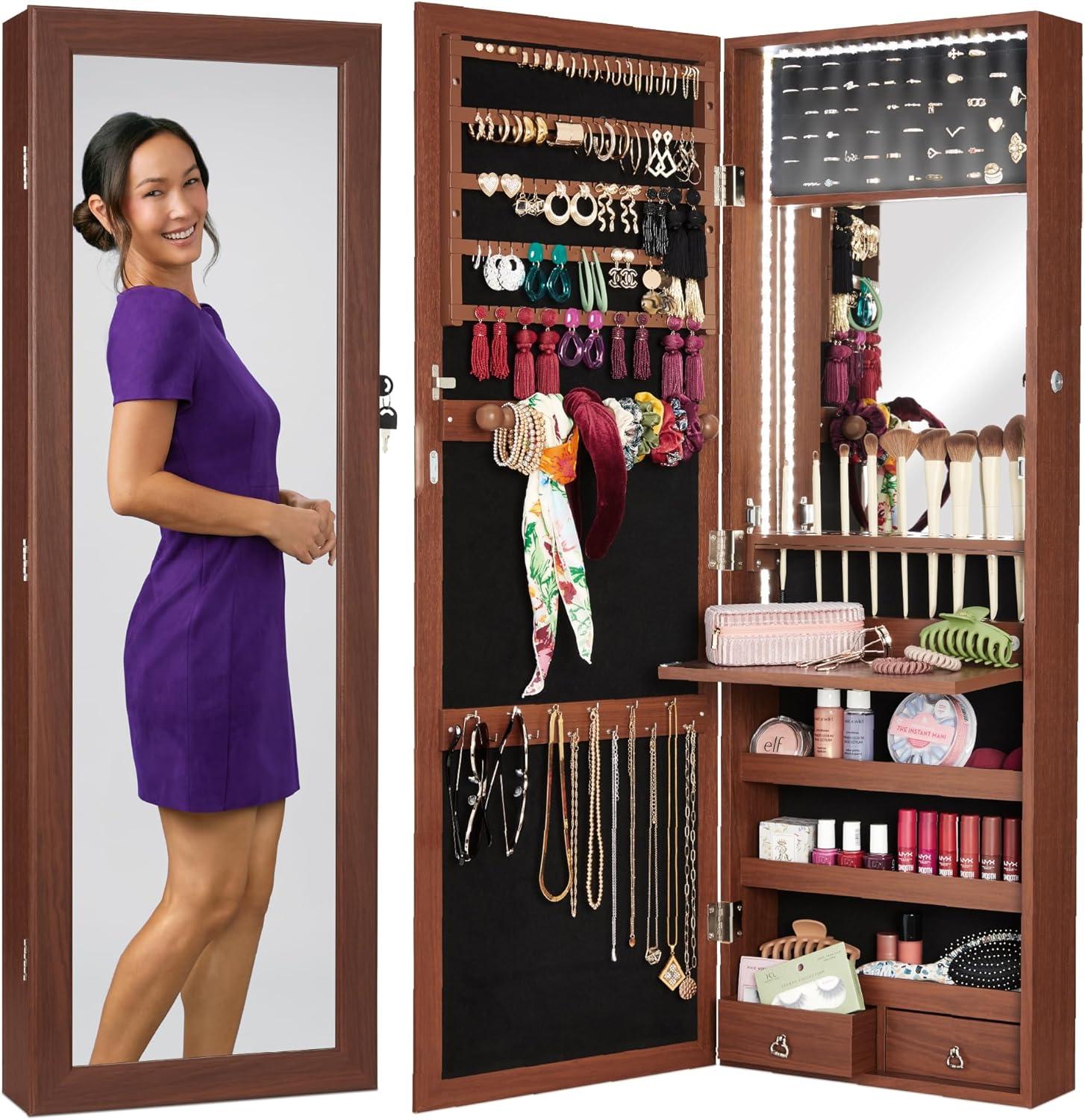 Best Choice Products Hanging Mirror Jewelry Armoire, Door or Wall Mounted Cabinet w/ LED Lights, Lock - Walnut