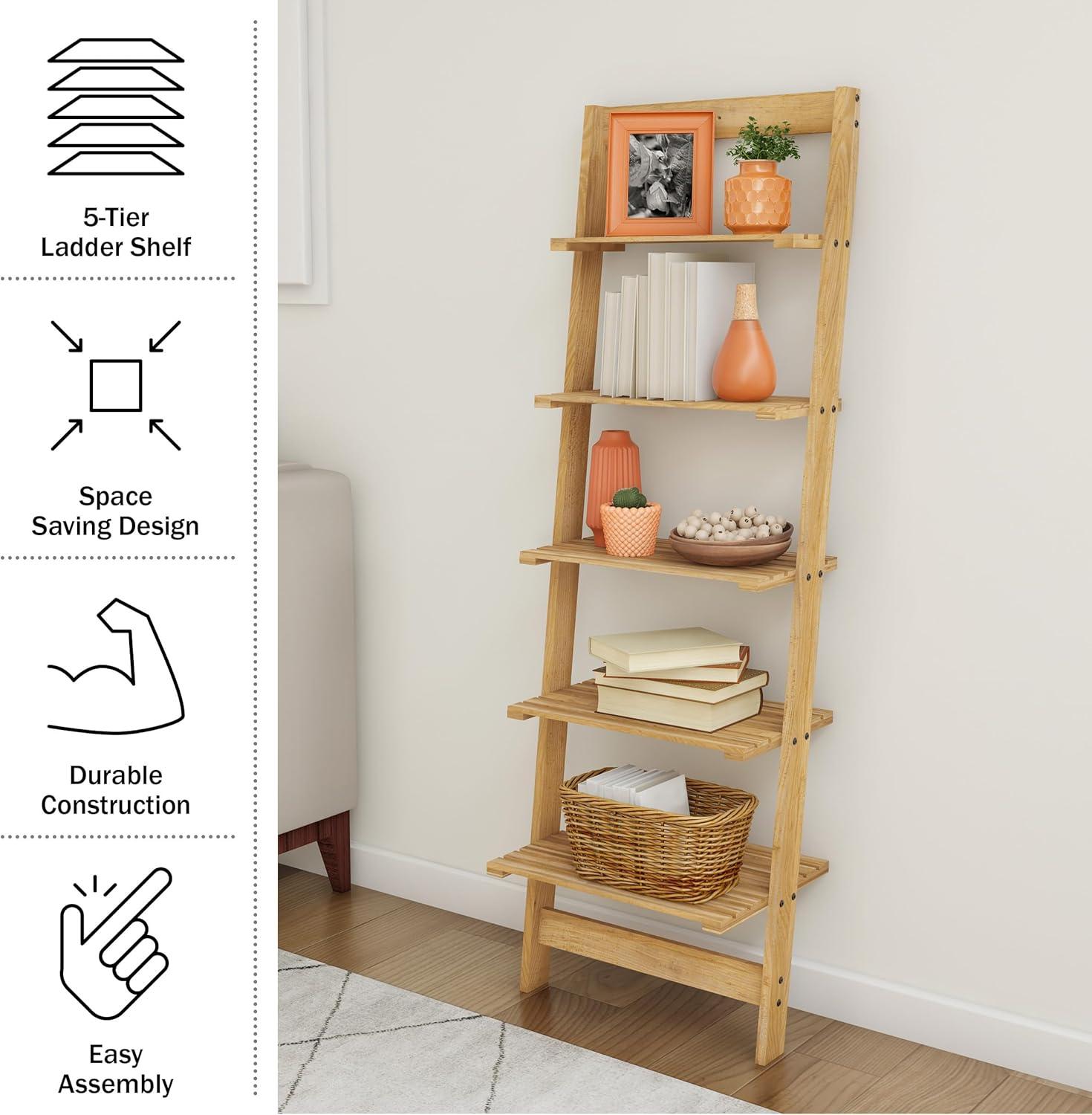 L5-Tier Ladder Shelf – Leaning Book Case – Bookshelf for Bedroom, Living Room, or Kitchen Shelving – Home Décor by Lavish Home (Oak)