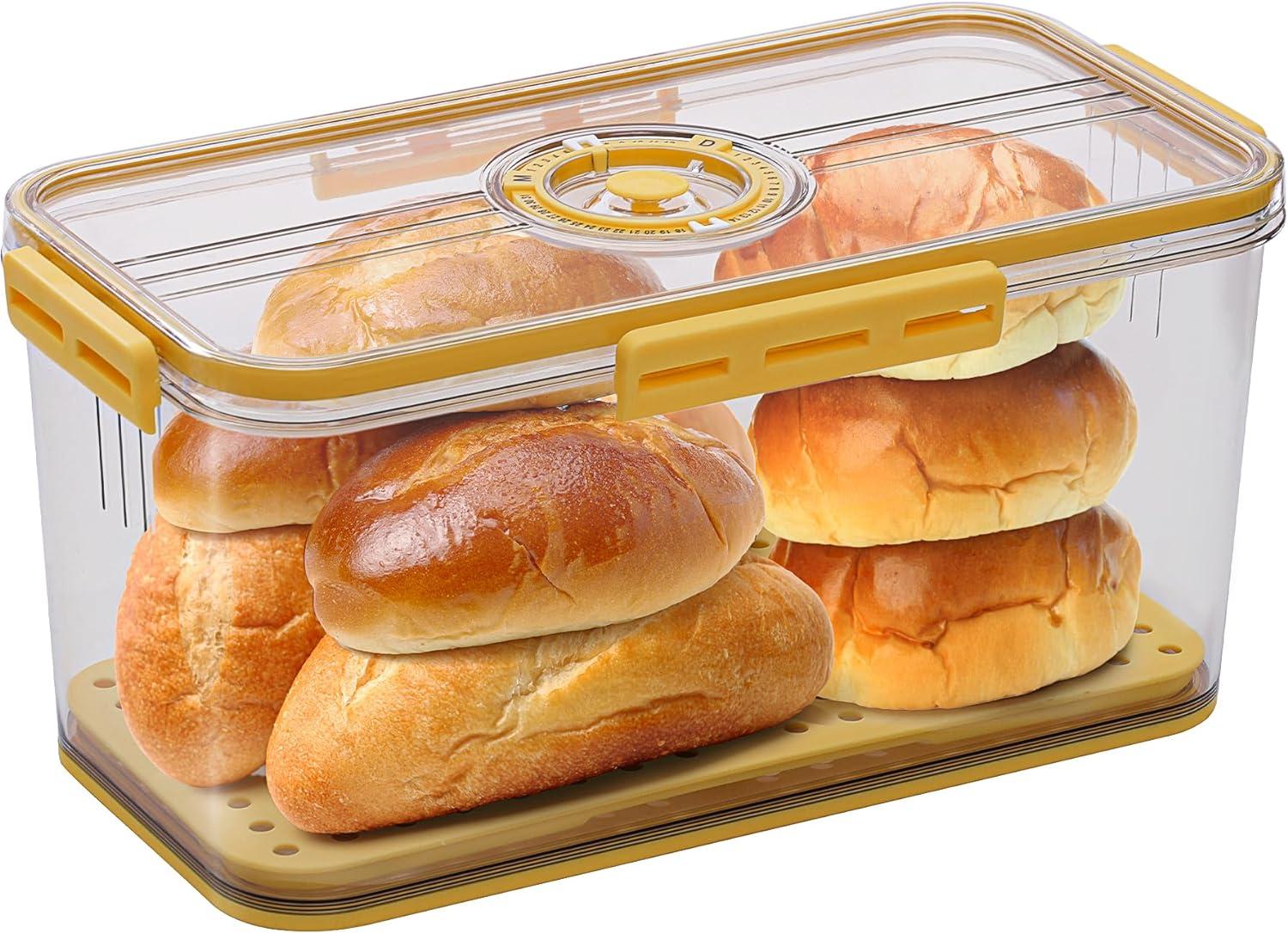 Baodeli Bread Box Bread Boxes for Kitchen Counter Airtight, Time Recording Bread Storage Container with Lid, Bread Keeper for Homemade Bread, Toast, Bagel, Donut and Cookies, Grey