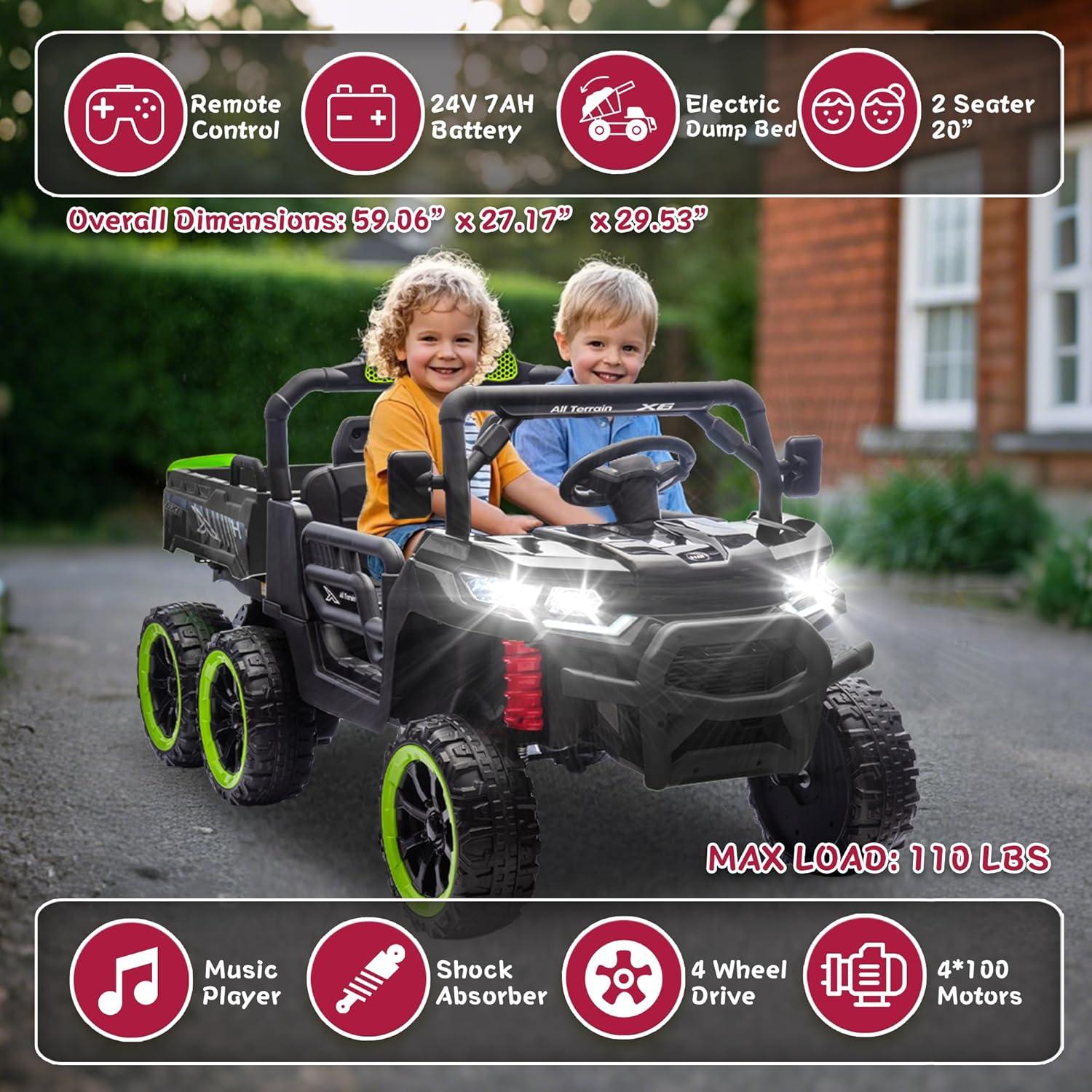 4 Wheels 24V Ride on Dump Truck Toys 2 Seater Kids Ride On UTV Car with Remote Control,Electric Dump Bed