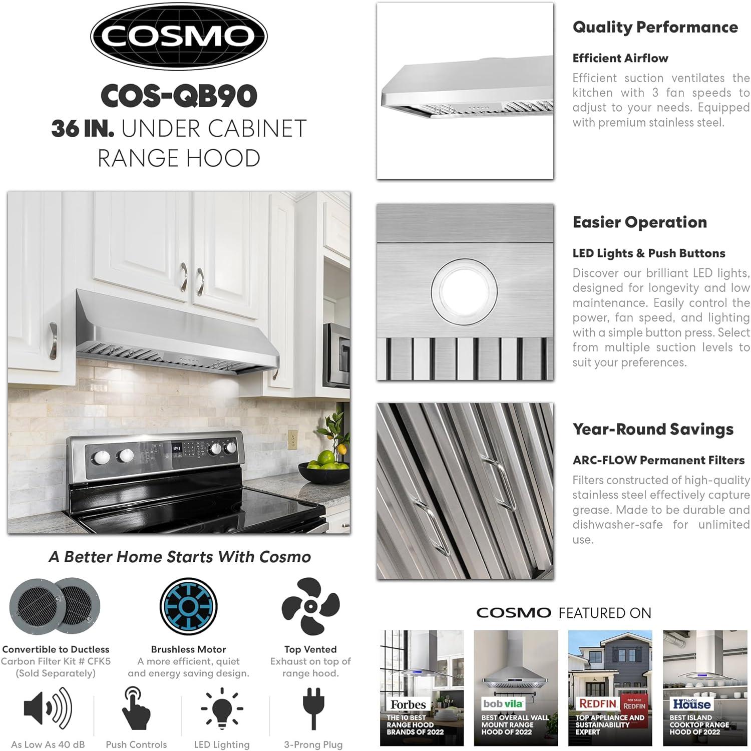 Cosmo 36 in. Ducted Under Cabinet Range Hood in Stainless Steel with Push Button Controls, Permanent Filters, LED Lights