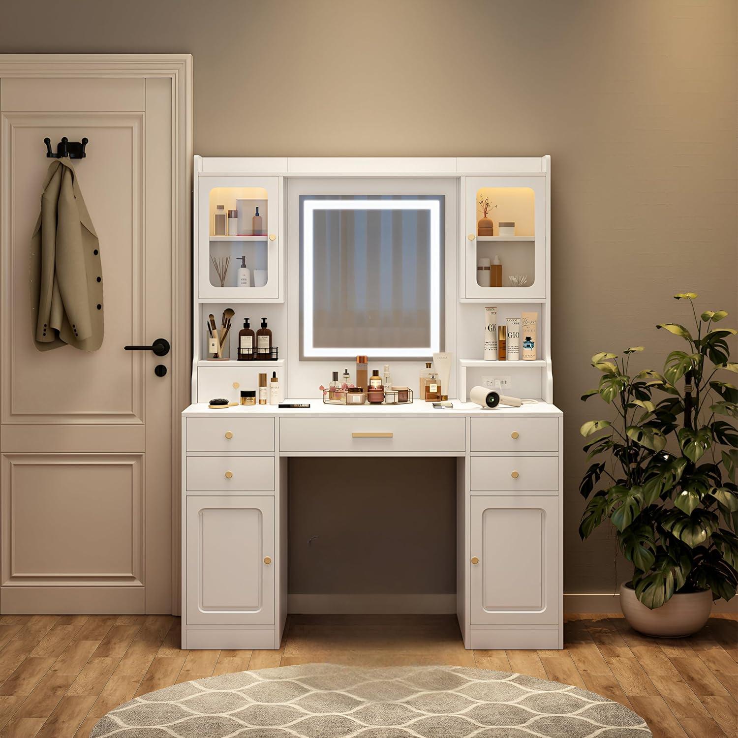 Makeup Vanity Desk with Mirror and Lights, Large Vanity Table Set with 6 Drawers & 2 Storage Cabinet & Shelves with Doors, with Charging Station, 3 Lighting Modes Brightness Adjustable