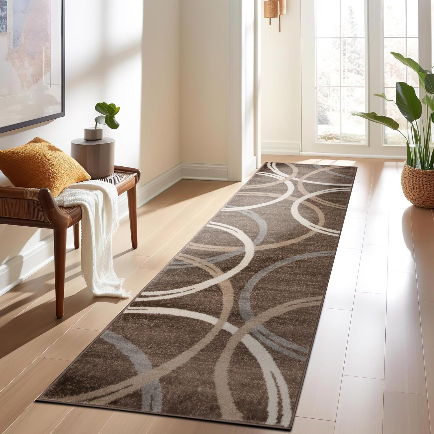 World Rug Gallery Contemporary Abstract Circles Design Brown 2' x 7' Runner Rug