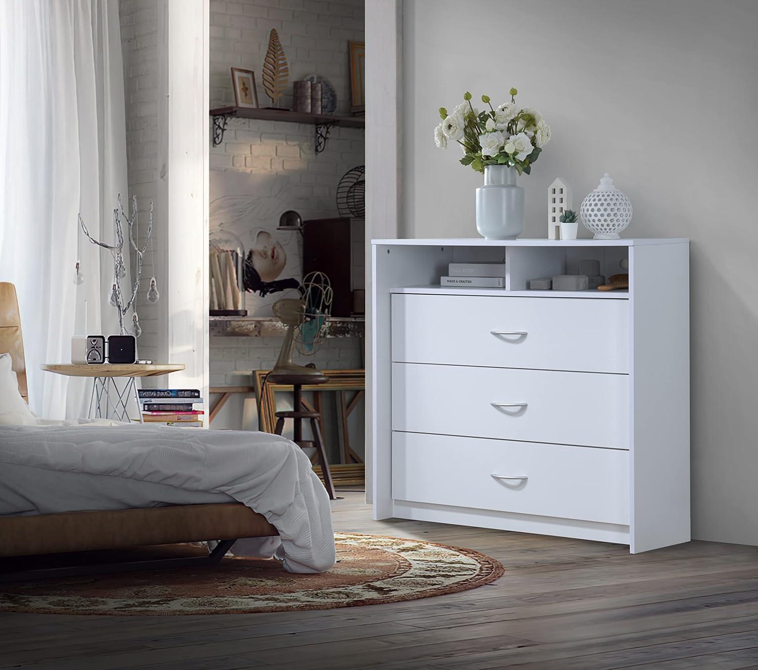 Sleek White Engineered Wood 3-Drawer Dresser with Open Shelf