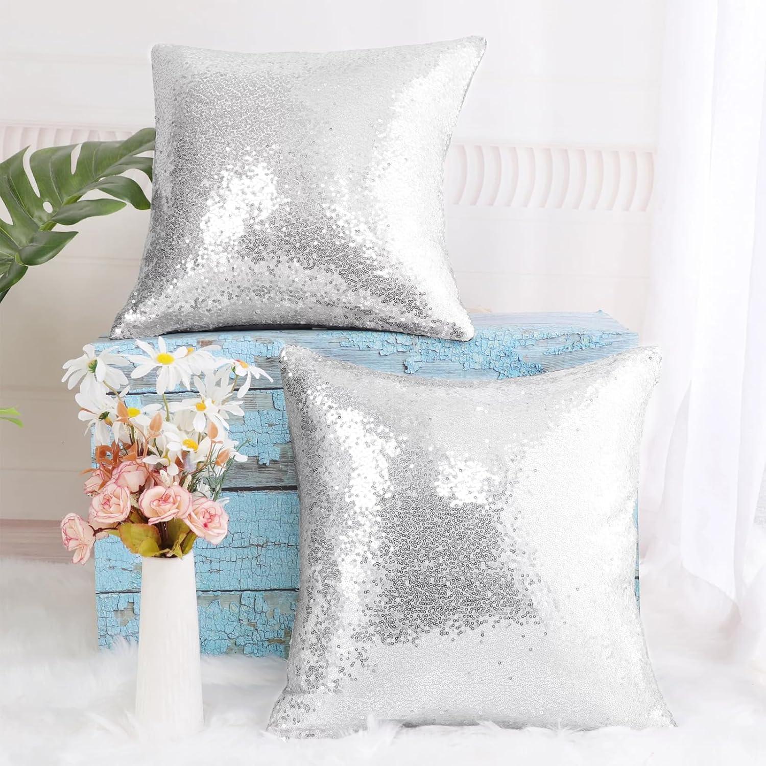PiccoCasa 4 Pcs Sequin Throw Pillow Covers, Decorative Cushion Covers for Sofa Car Seat, 18"x18" Silver