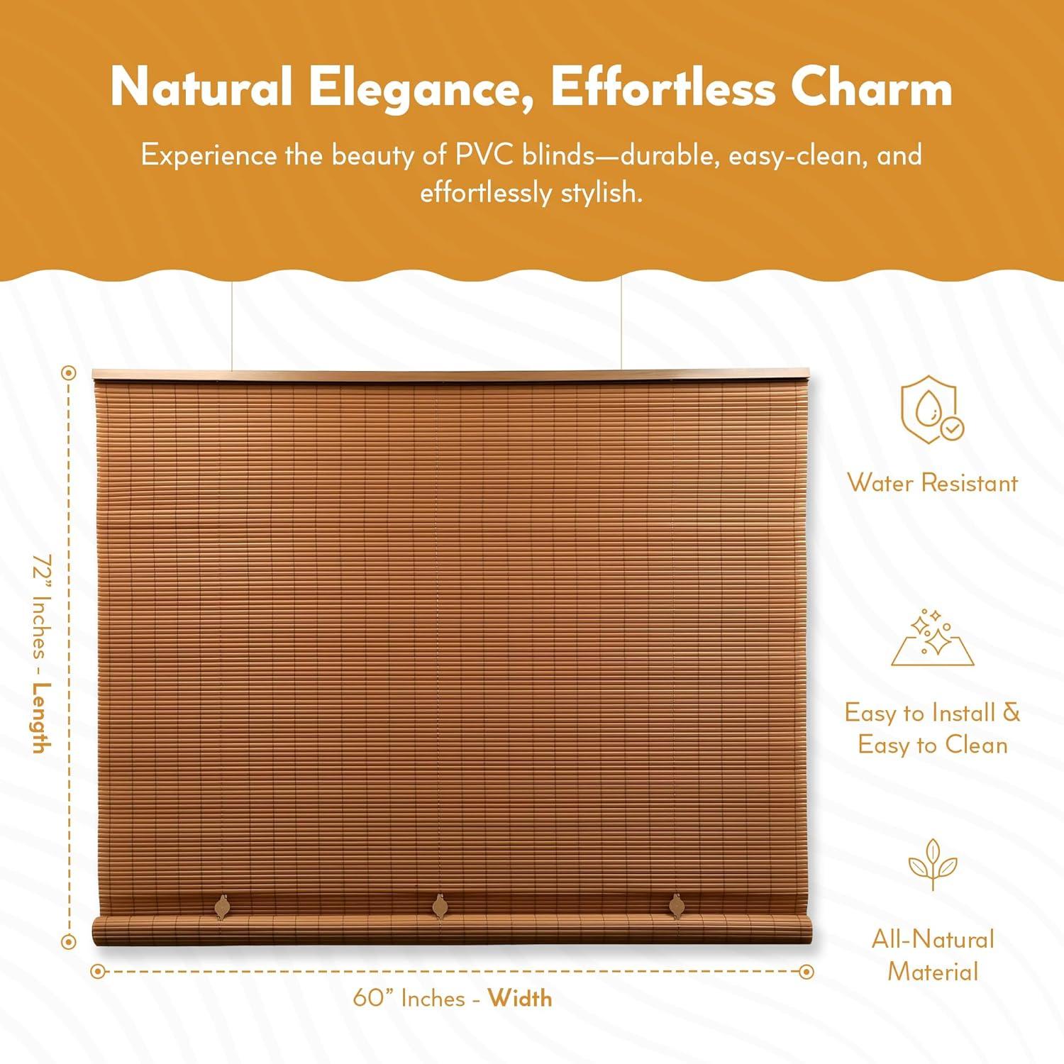 60" x 72" Outdoor Oval Vinyl Cord-Free PVC Rollup Blinds Woodgrain - Radiance: Light Filtering Shade for Patio
