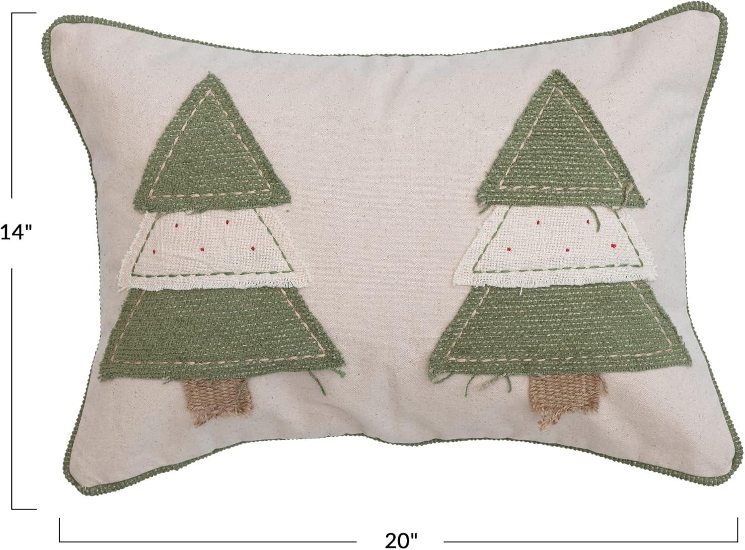 Green and Cream Rectangular Cotton Lumbar Pillow with Appliqued Trees