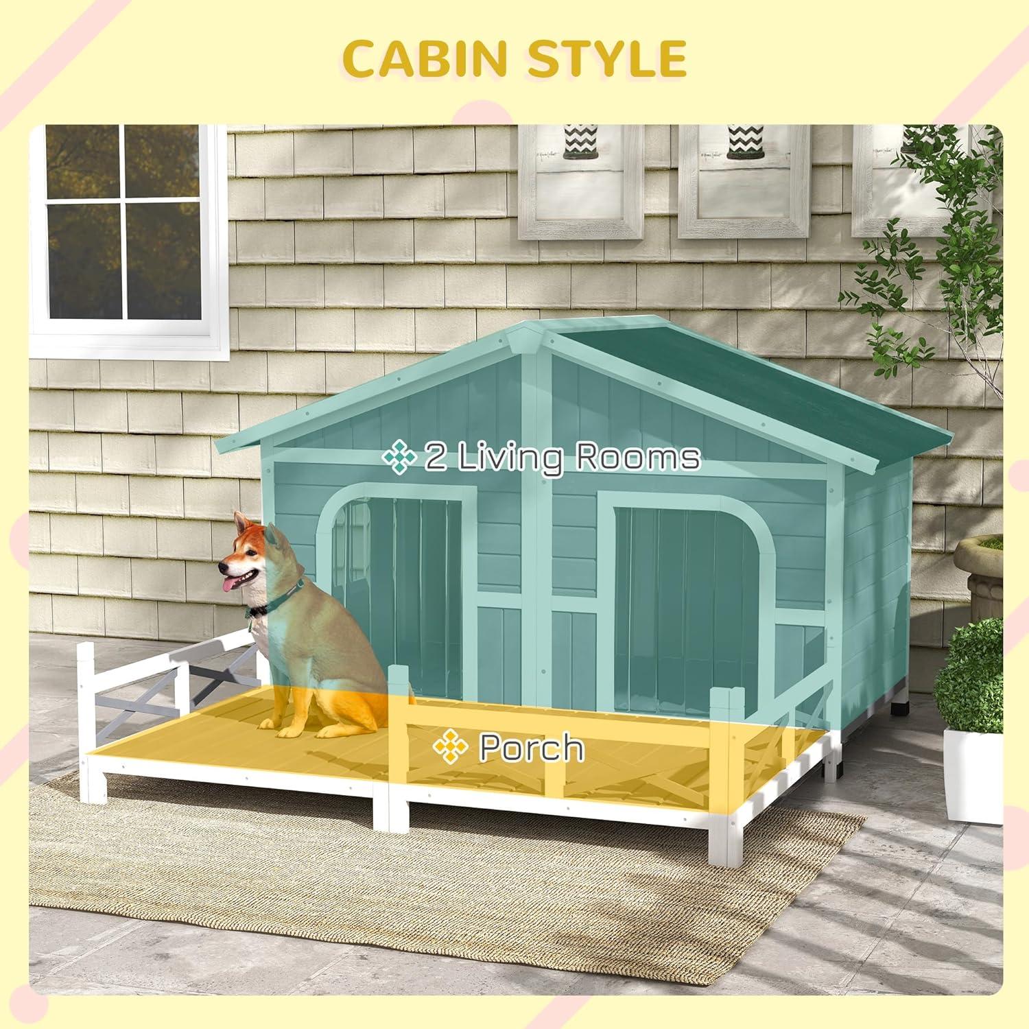 Elevated Large Wooden Dog House with Spacious Sun Deck, Gray