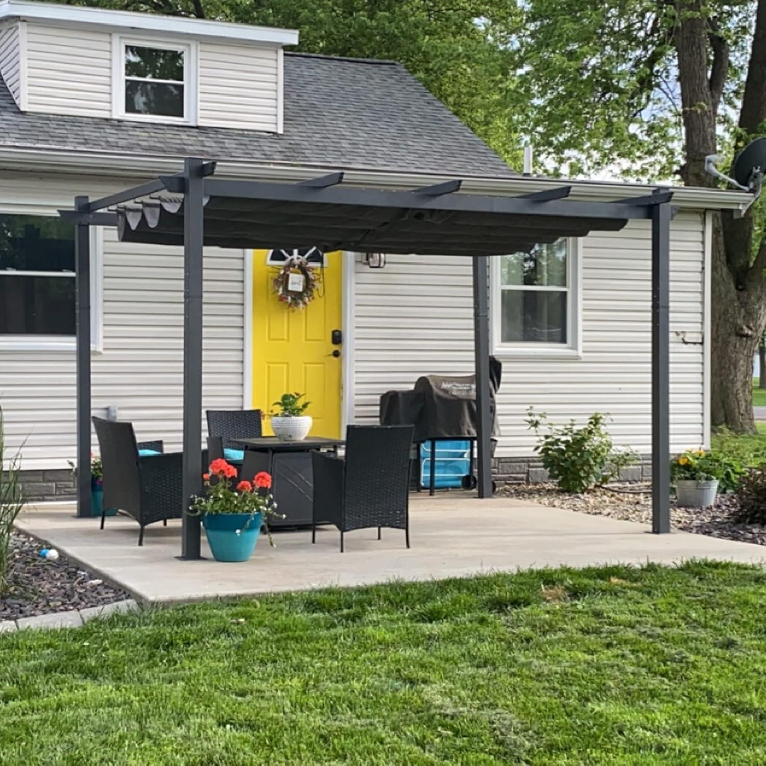 Gray Aluminum Outdoor Pergola with Retractable Canopy, 11' x 13'