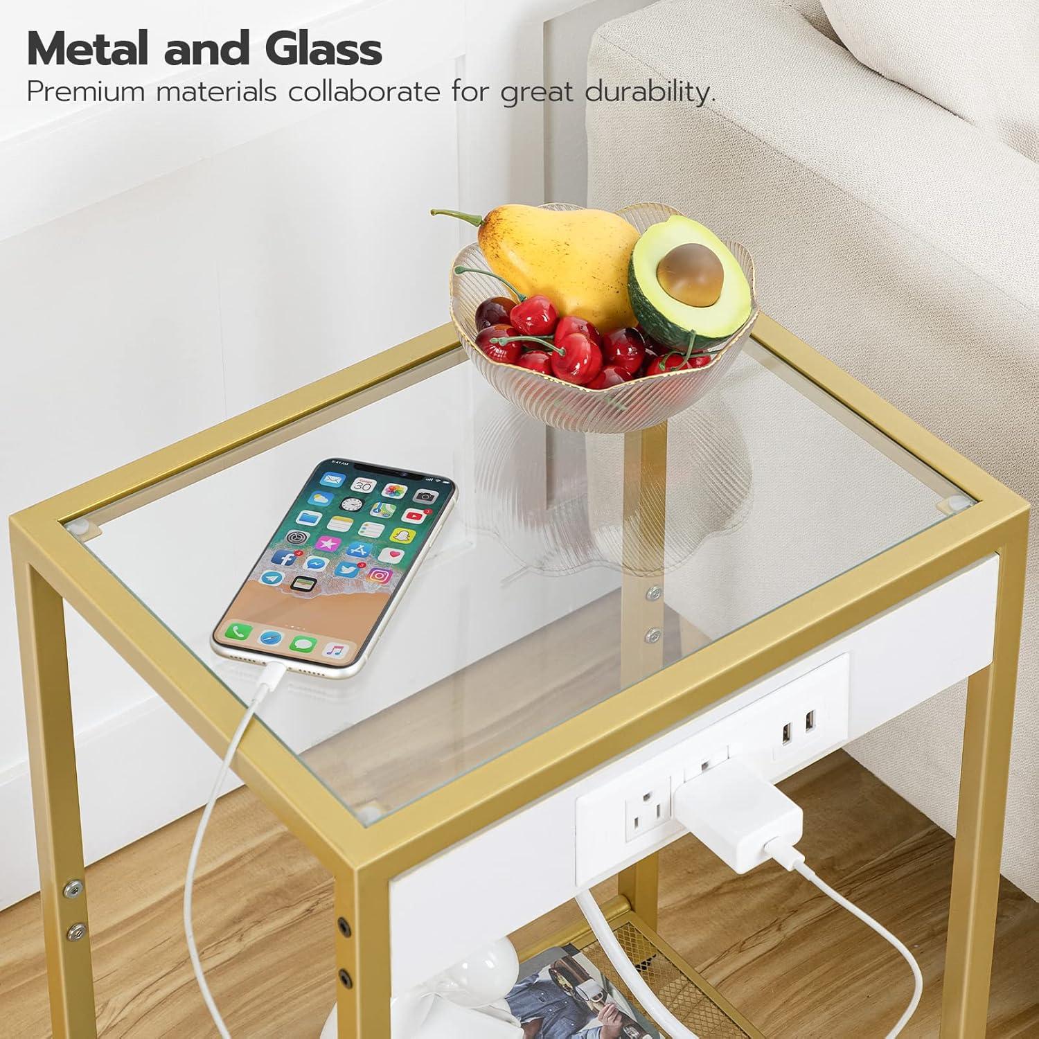 Side Table with Charging Station, Set of 2 End Tables with USB Ports, Nightstand for Tight Spaces, Tempered Glass, Modern Metal Frame, for Office, Bedroom, Living Room, Gold