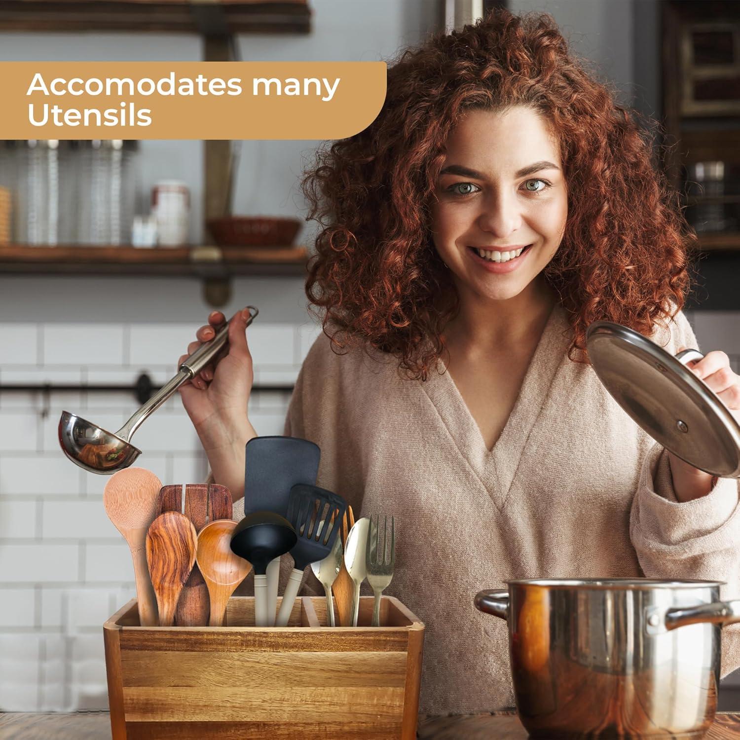 Large Kitchen Utensil Holder Organizer for Counter or Countertop, Large Wooden Utensil Holder for Storage Cooking and Silverware with 3 Compartment, Acacia Rustic Wood Container Extra Large