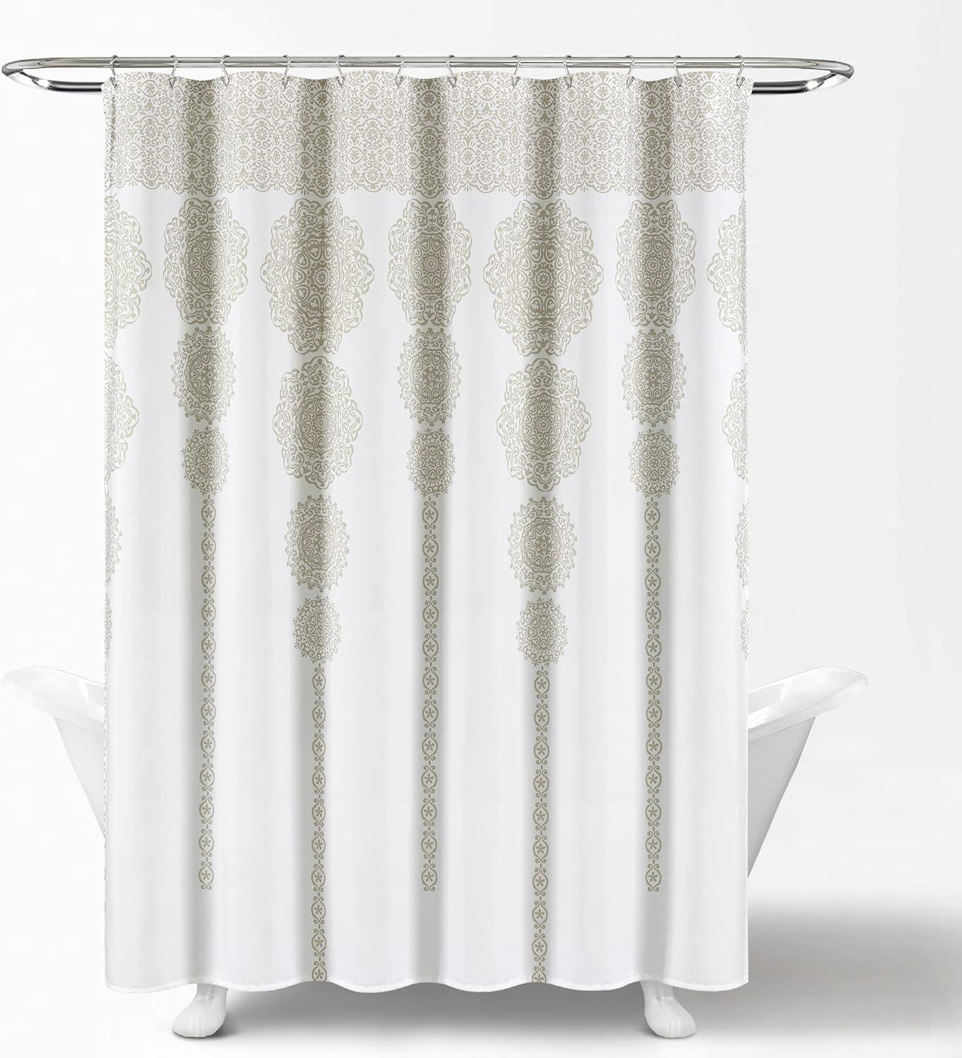 Lush Decor Stripe Medallion Shower Curtain-Fabric Mandala Bohemian Damask Print Design, 72" x 72", Neutral