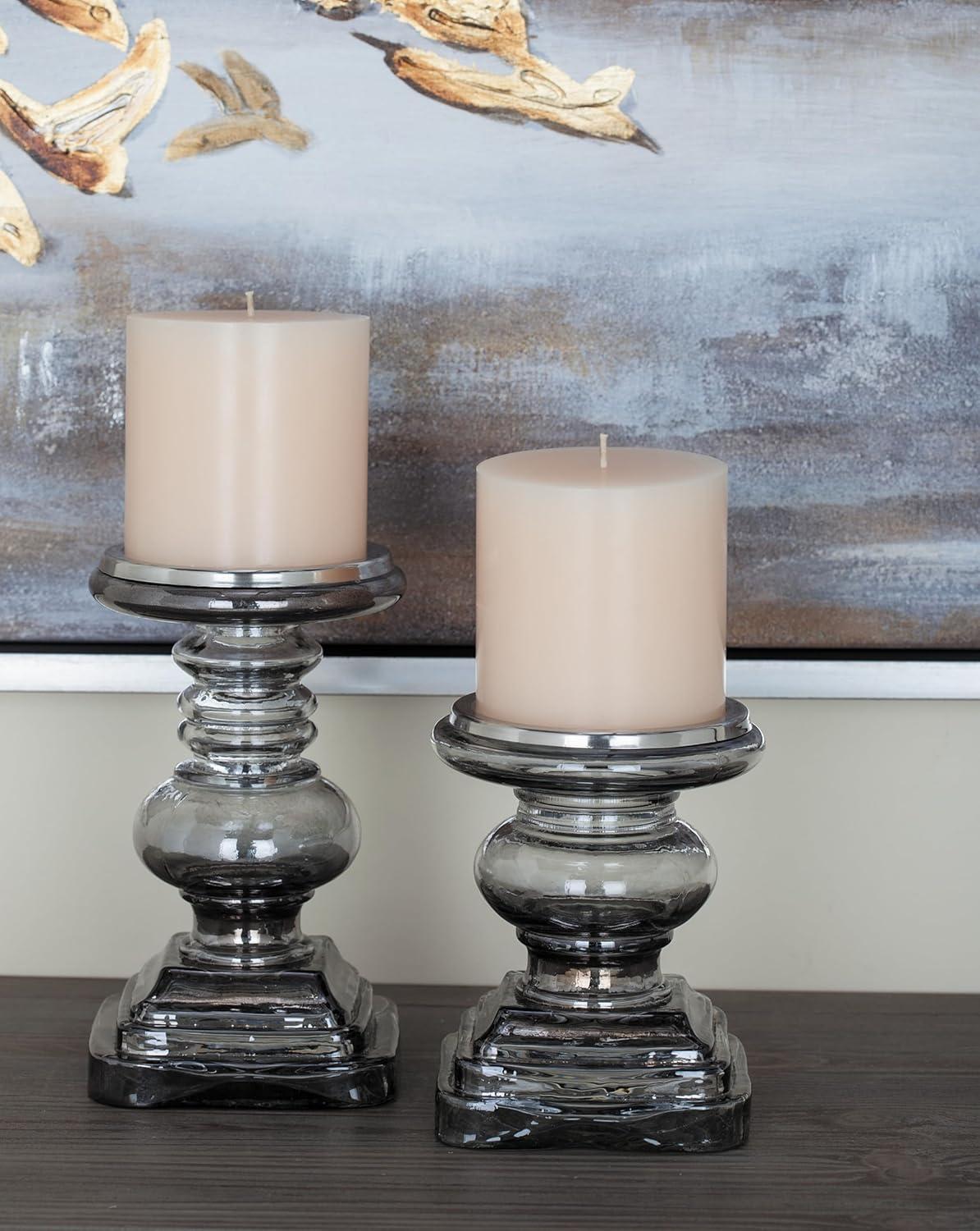 DecMode 2 Candle Silver Glass Handmade Turned Style Pillar Candle Holder, Set of 2