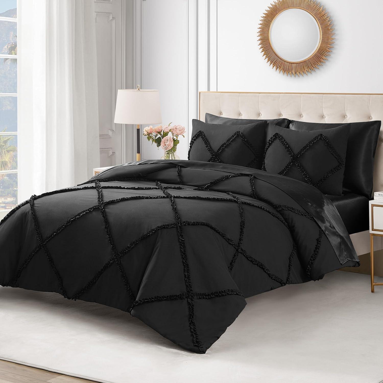 Full Black Microfiber Diamond Ruffle Reversible Comforter Set