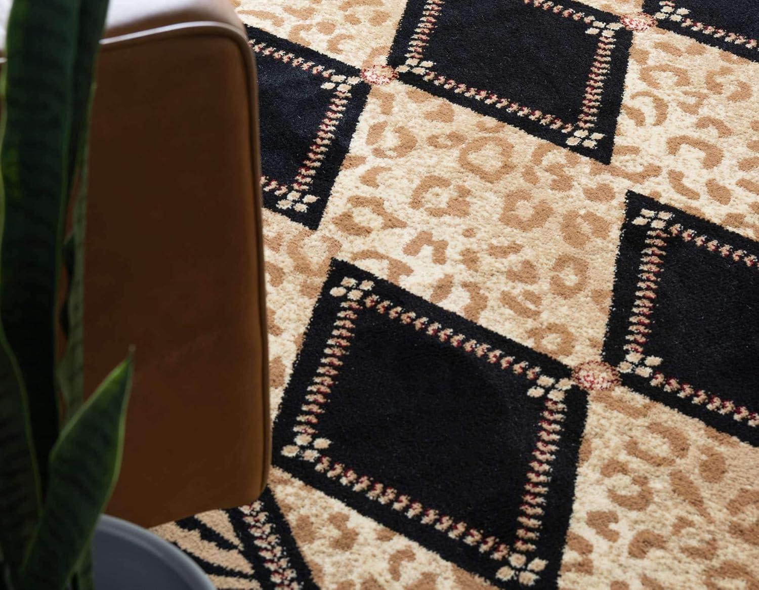 Square Black and Light Brown Geometric Animal Print Rug