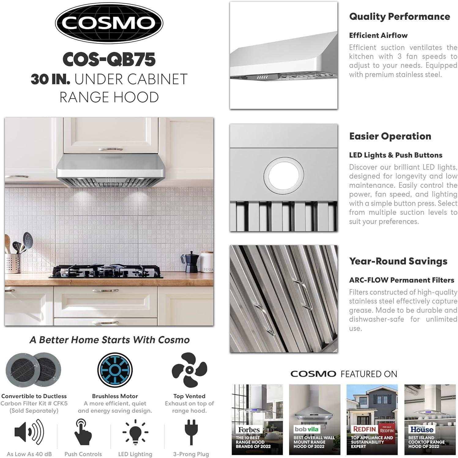 Cosmo COS-QB75 30 in. Ducted Under Cabinet 500 CFM Range Hood in Stainless Steel