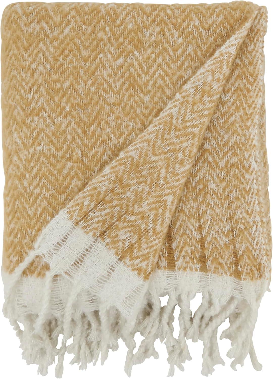 Saro Lifestyle Chic Faux Mohair Herringbone Fringed Throw, Beige, 50"x60"