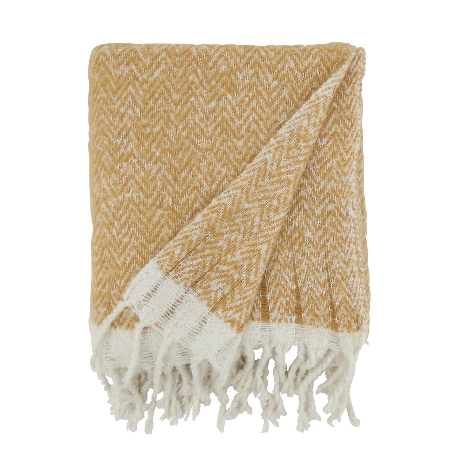 Saro Lifestyle Chic Faux Mohair Herringbone Fringed Throw, Beige, 50"x60"