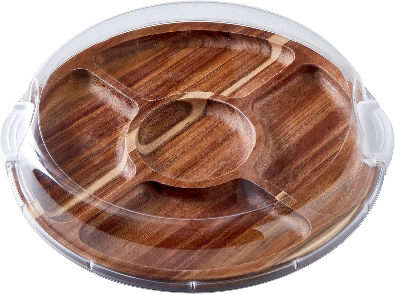 Acacia Round Lazy Susan with Clear Locking Lid and Compartments