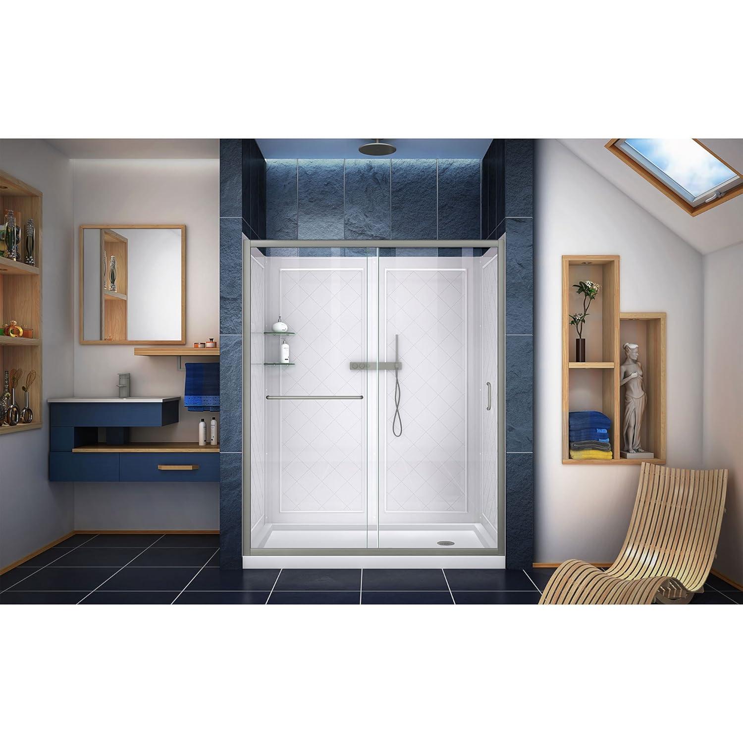 DreamLine Infinity-Z 32 in. D x 60 in. W x 76 3/4 in. H Clear Sliding Shower Door in Brushed Nickel, Right Drain Base, Backwalls