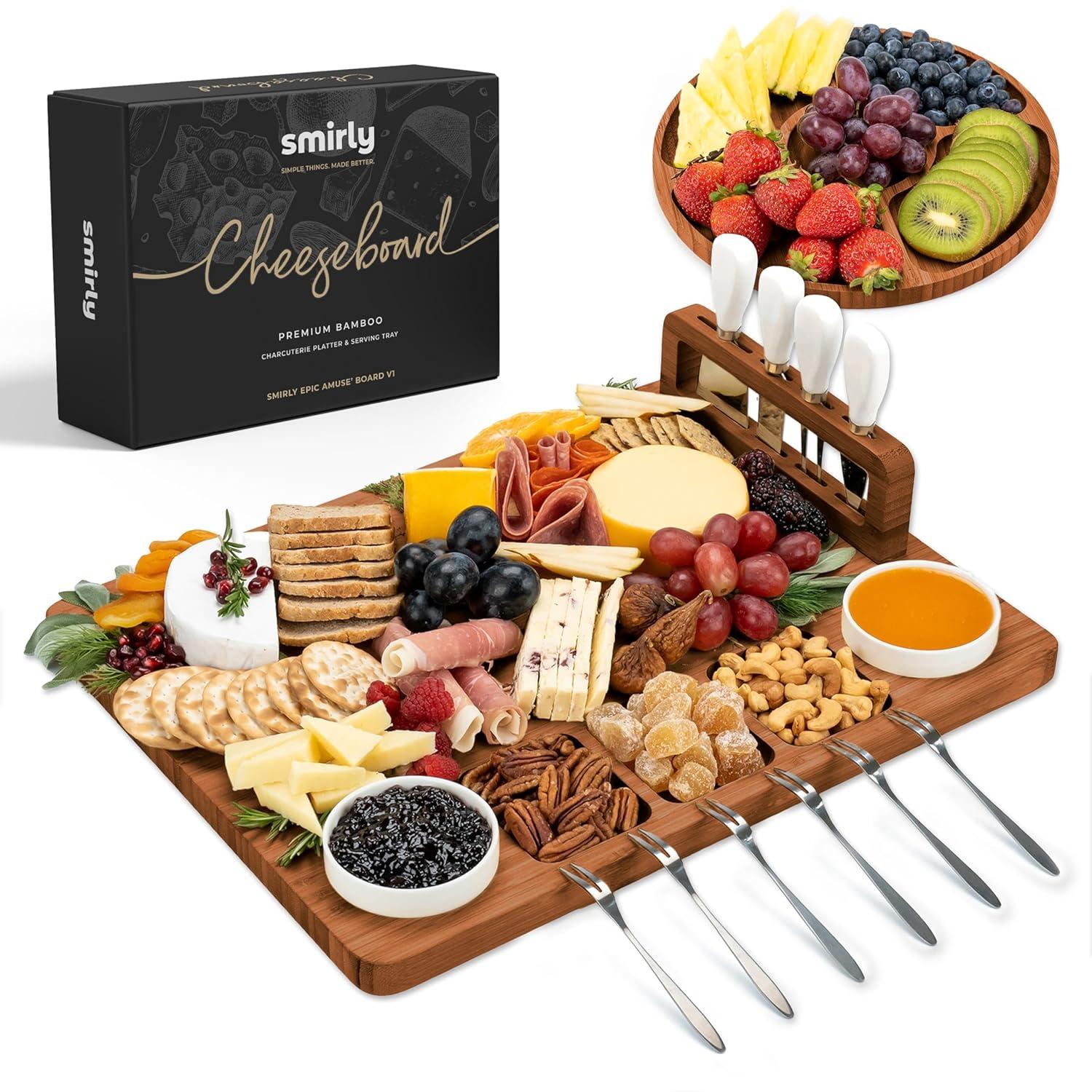 SMIRLY Charcuterie Board Set Large Bamboo Cheese Board with Fruit Tray & 2 Ceramic Bowls