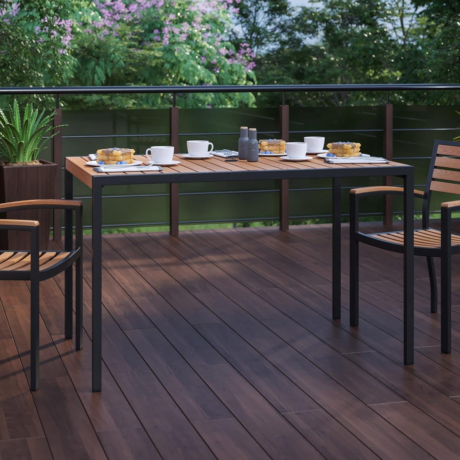 Rectangular Black Steel Dining Table with Faux Teak Slats